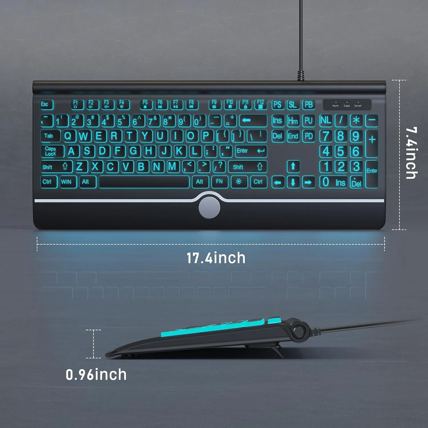 Large Print Backlit Computer Keyboard, USB Full Size Wired Keyboards with 7-Colors Backlight, Wrist Rest, Light Up Keyboard for Windows, PC, Laptop - Easy to See, Easy to Setup