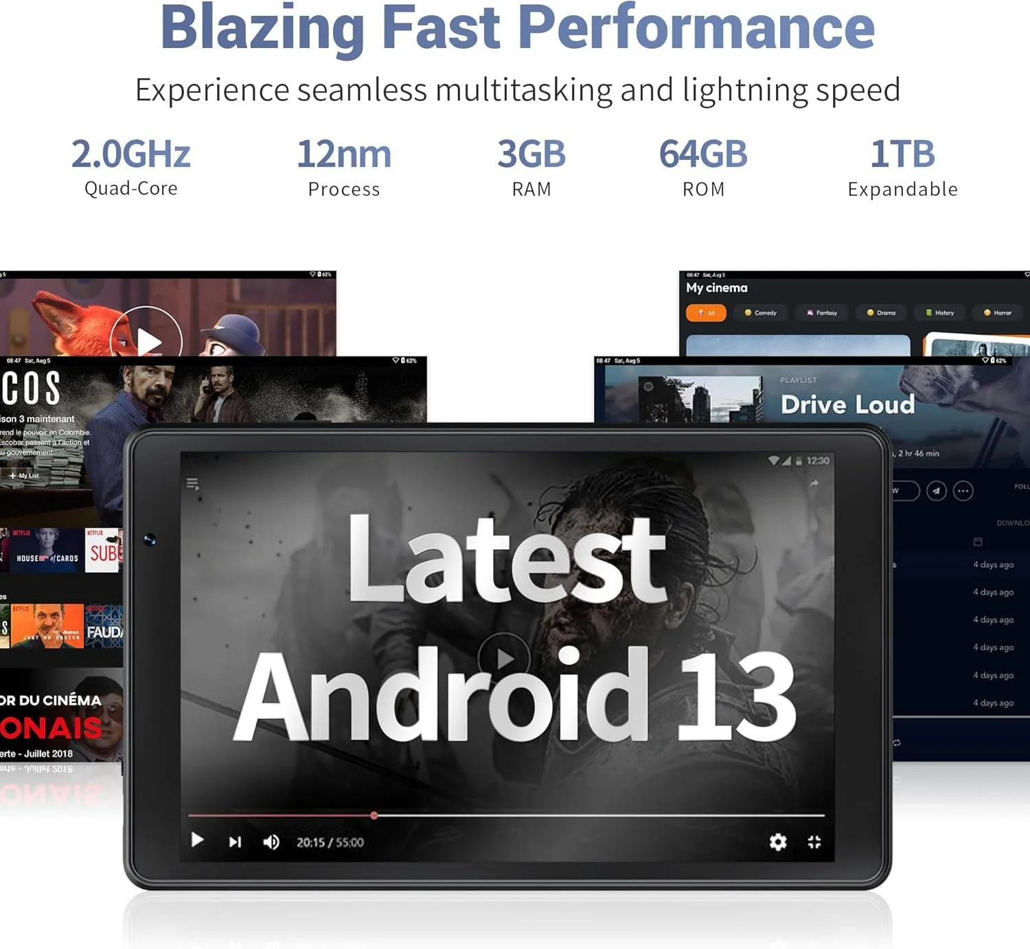 Latest Android 13 Tablet, 8 Inch Tablet Quad-Core 2.0 GHz Processor with 64GB Storage, 1TB Expandable, Dual Auto Focus Camera with Face ID Unlock, GPS, Parental Control, 2.4G & 5G WiFi