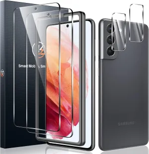 LK 2 Pack Screen Protector Compatible for Samsung Galaxy S21 & 2 Pack Lens Protector with Alignment Frame, [9H] Tempered Glass Screen Protector for Galaxy S21 5G, Scratch-Proof, 6.2-inch, Clear