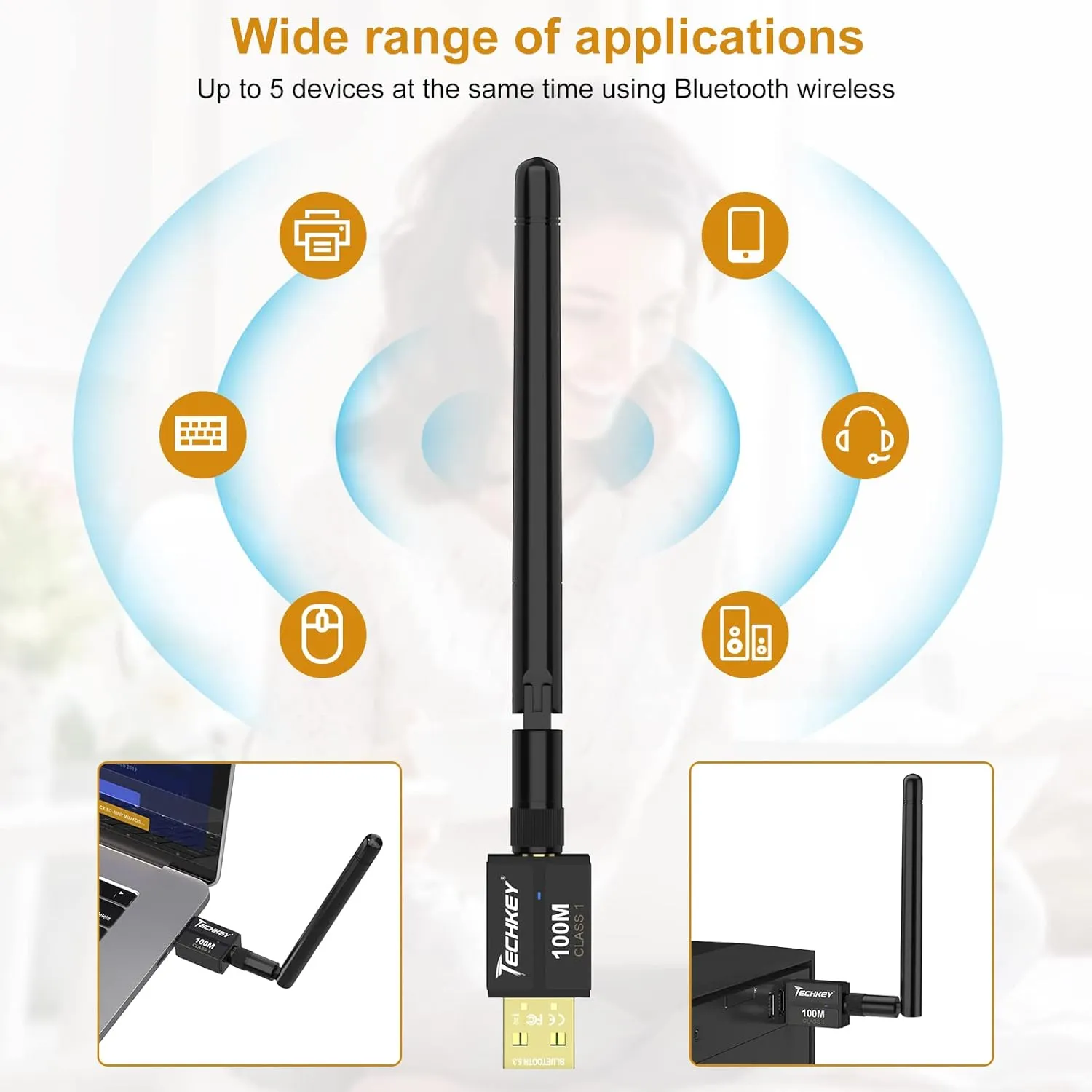 Long Range USB Bluetooth 5.3 Adapter for Desktop PC - 328FT Wireless Transfer for Mouse, Keyboard, Headphones - Win11/10/8.1 Support