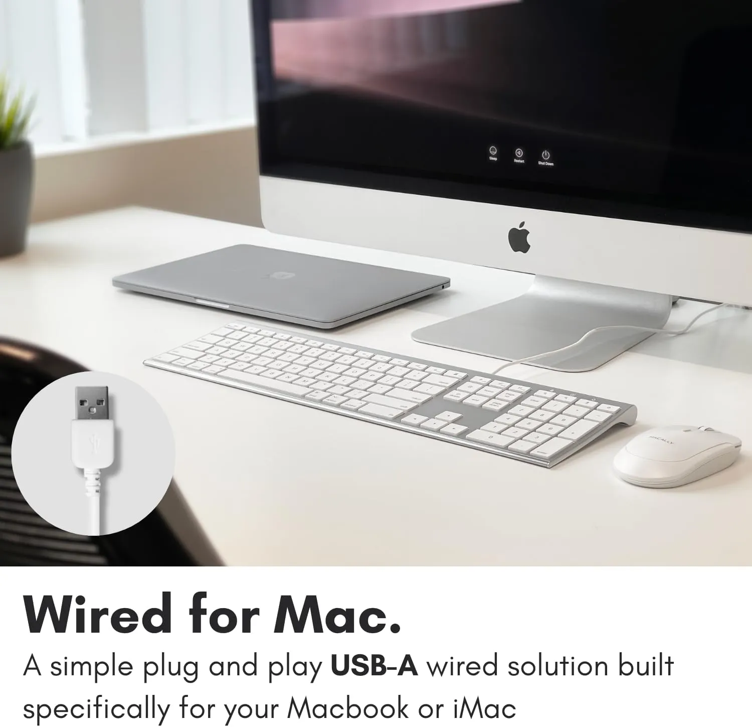 Macally Ultra Slim USB Wired Computer Keyboard - Compatible Apple Keyboard or Windows - Full Size Keyboard with 20 Mac Keyboard Keys -with Numeric Keypad - Silver Aluminum Finish