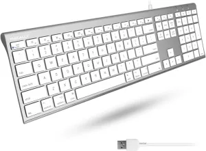 Macally Ultra Slim USB Wired Computer Keyboard - Compatible Apple Keyboard or Windows - Full Size Keyboard with 20 Mac Keyboard Keys -with Numeric Keypad - Silver Aluminum Finish