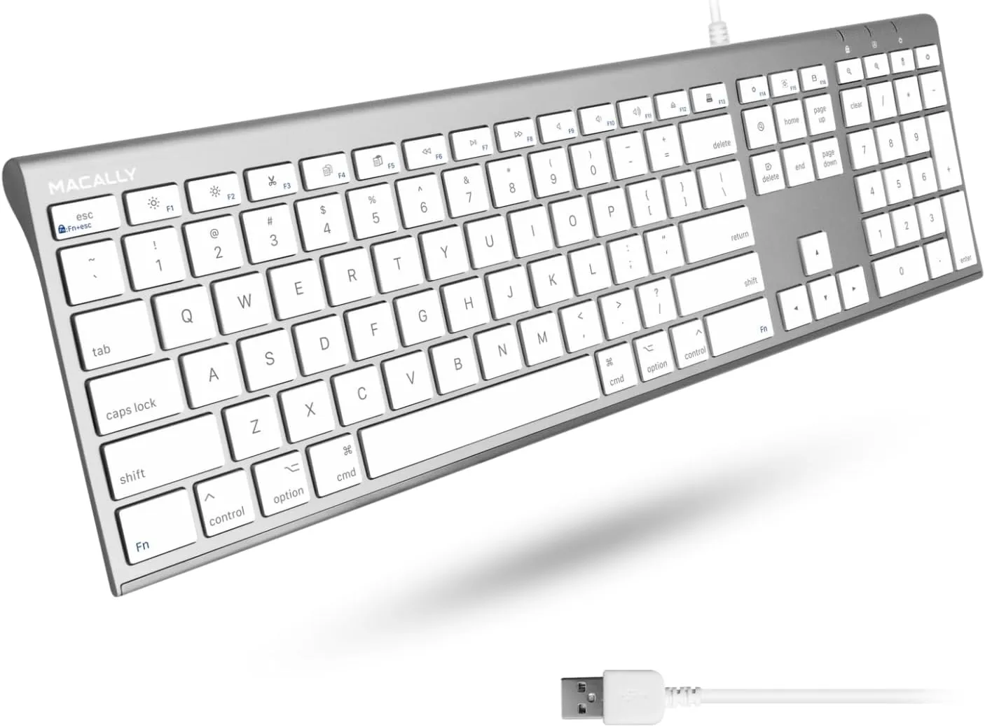 Macally Ultra Slim USB Wired Computer Keyboard - Compatible Apple Keyboard or Windows - Full Size Keyboard with 20 Mac Keyboard Keys -with Numeric Keypad - Silver Aluminum Finish