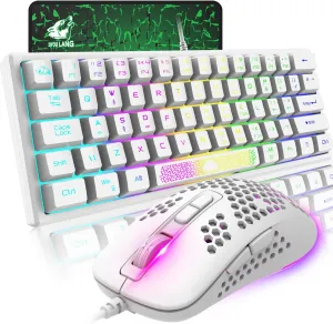 MAGIC-REFINER RK61 60% Gaming Keyboard and Mouse Combo Rainbow LED Backlit Keyboard with 61 Keys Membrane Mini Portable Ultralight Gaming Mouse 2400DPI,Gaming Mouse Pad for Windows PC Gamers(White)