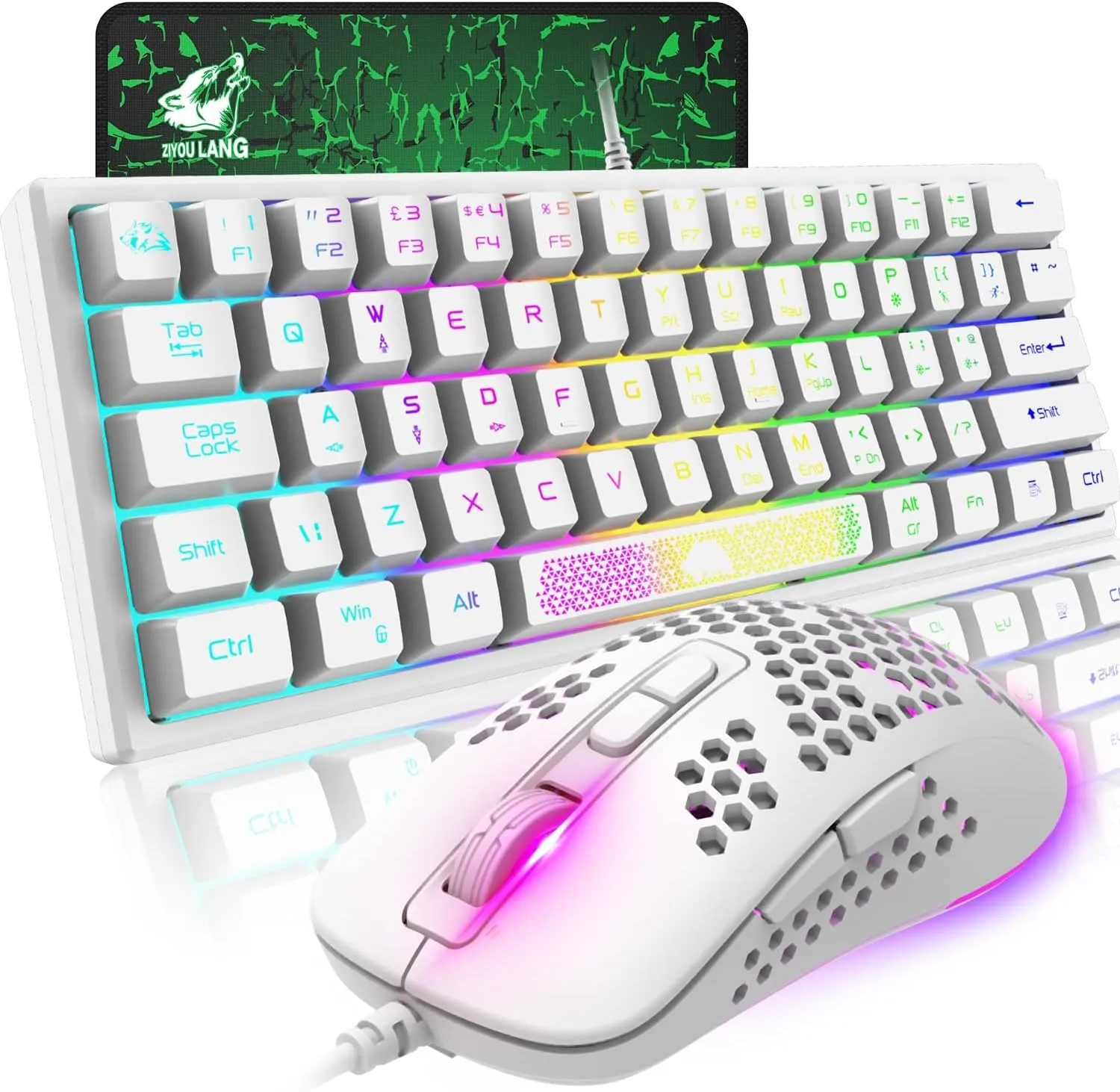 MAGIC-REFINER RK61 60% Gaming Keyboard and Mouse Combo Rainbow LED Backlit Keyboard with 61 Keys Membrane Mini Portable Ultralight Gaming Mouse 2400DPI,Gaming Mouse Pad for Windows PC Gamers(White)