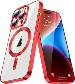 Magnetic Case for iPhone 15, 15 Plus, Pro and Pro MaxTPU Materials Waterproof Wireless Magnetic Phone Case Full Camera Protection Clear Plating Luxury Cover for Women Man, Red