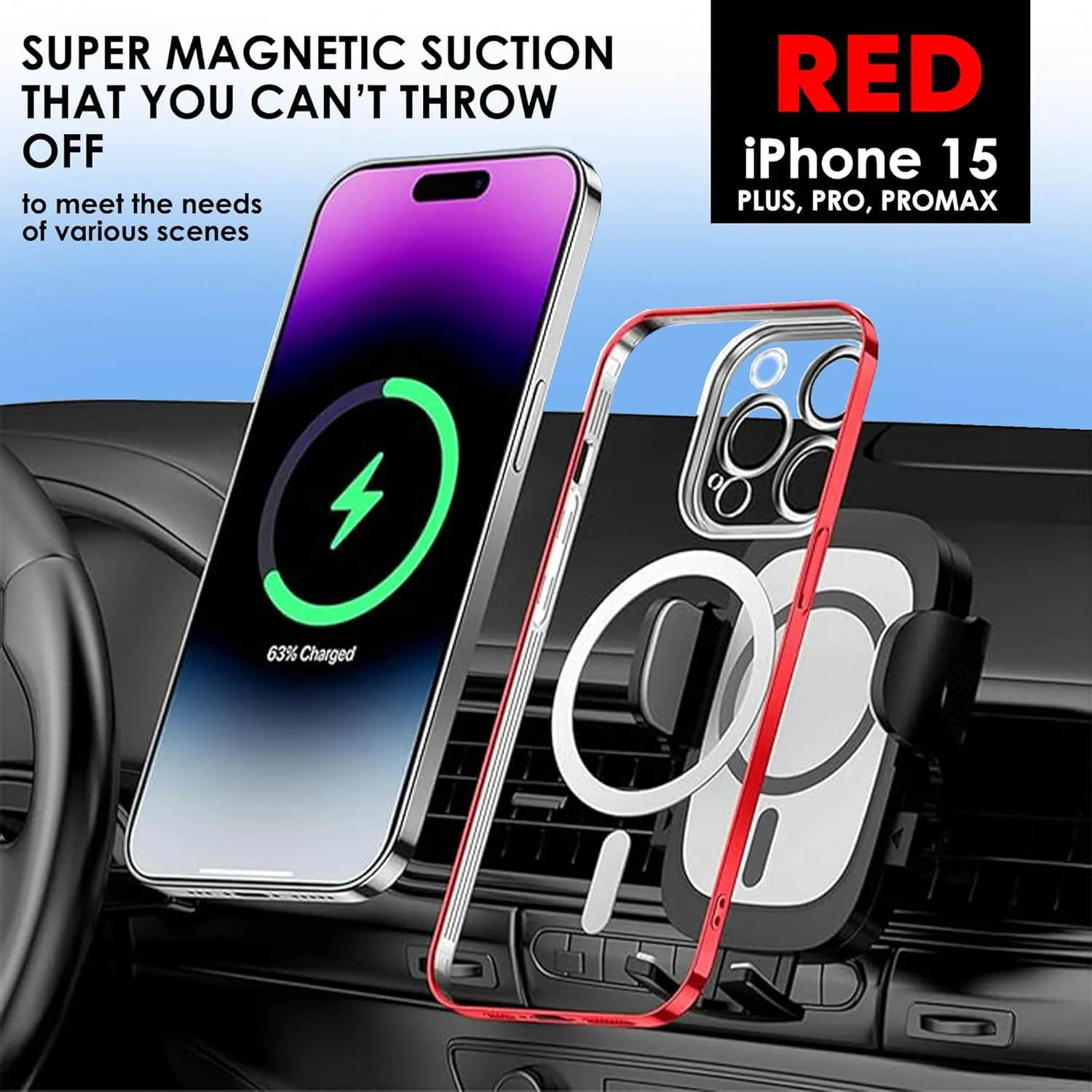 Magnetic Case for iPhone 15, 15 Plus, Pro and Pro MaxTPU Materials Waterproof Wireless Magnetic Phone Case Full Camera Protection Clear Plating Luxury Cover for Women Man, Red