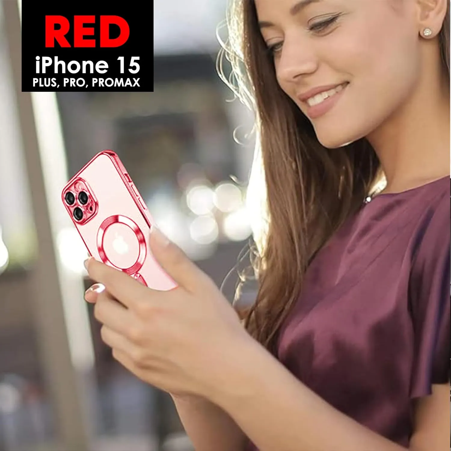 Magnetic Case for iPhone 15, 15 Plus, Pro and Pro MaxTPU Materials Waterproof Wireless Magnetic Phone Case Full Camera Protection Clear Plating Luxury Cover for Women Man, Red