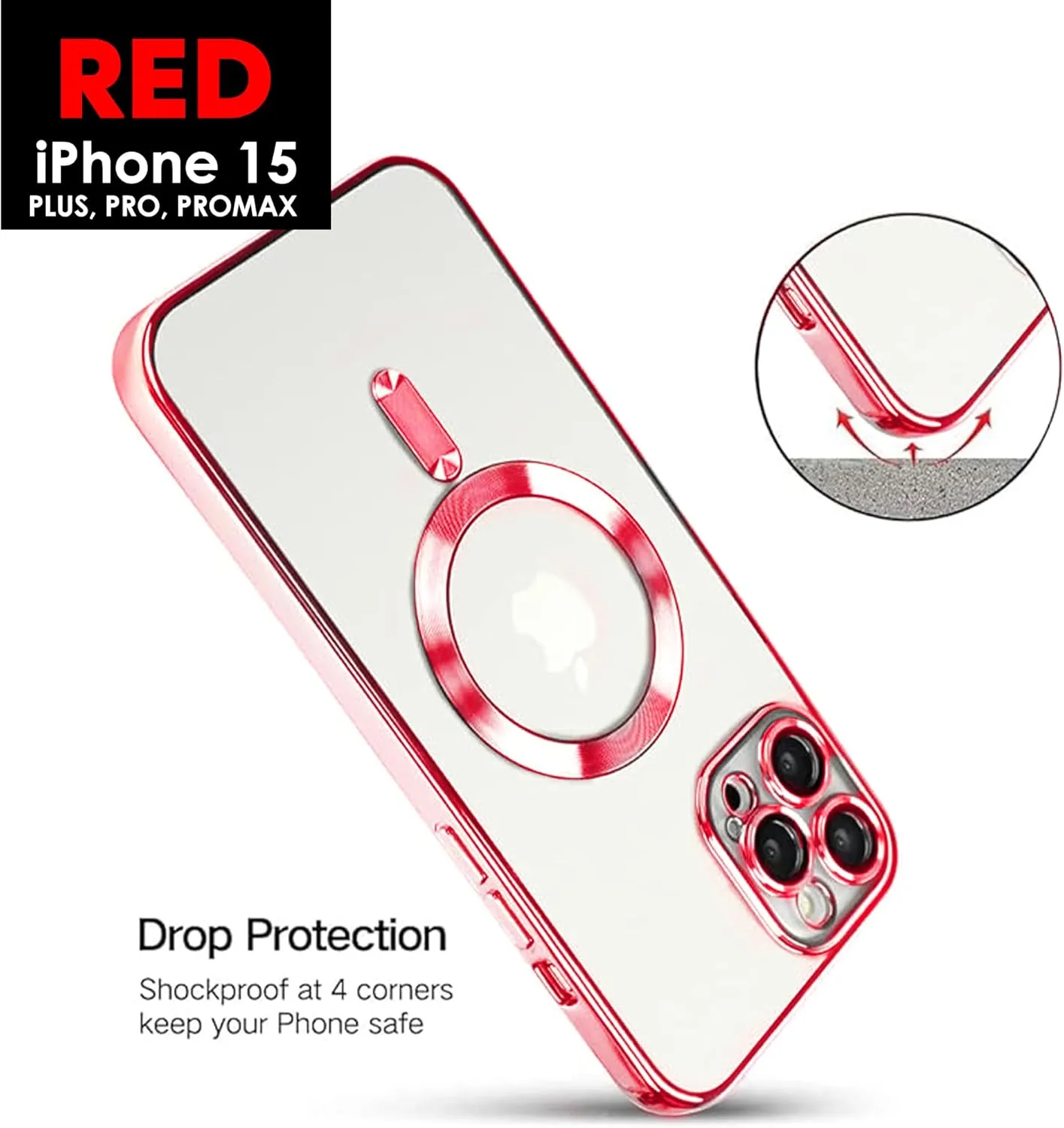 Magnetic Case for iPhone 15, 15 Plus, Pro and Pro MaxTPU Materials Waterproof Wireless Magnetic Phone Case Full Camera Protection Clear Plating Luxury Cover for Women Man, Red