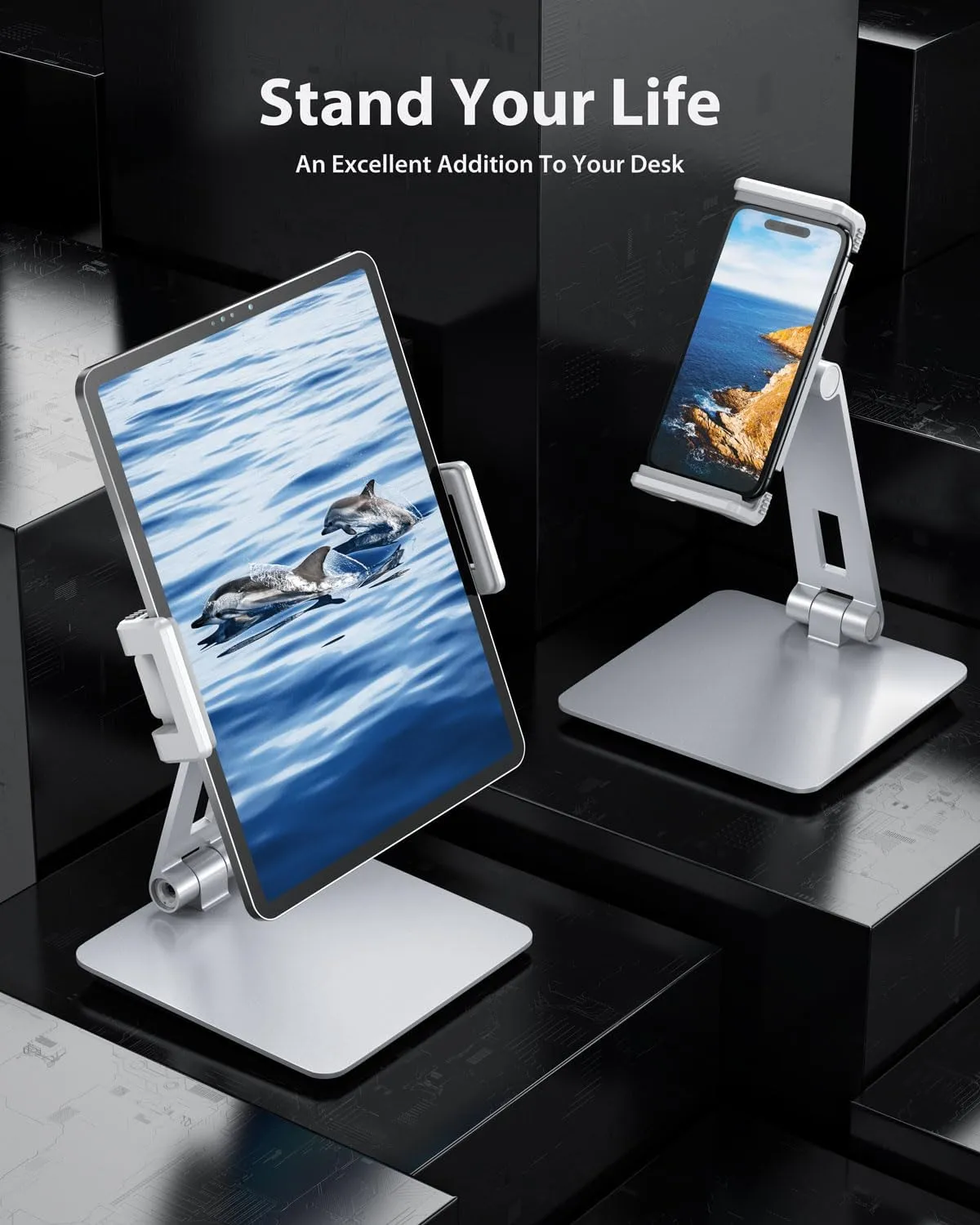 Maxonar Tablet Stand for Desk, 360 Adjustable Aluminum Alloy Swivel iPad Charging Tablet, iPad Pro Air Mini Tablet Holder for Bed Store POS Showcase Kitchen Office Drawing Desktop (6-13''), Silver