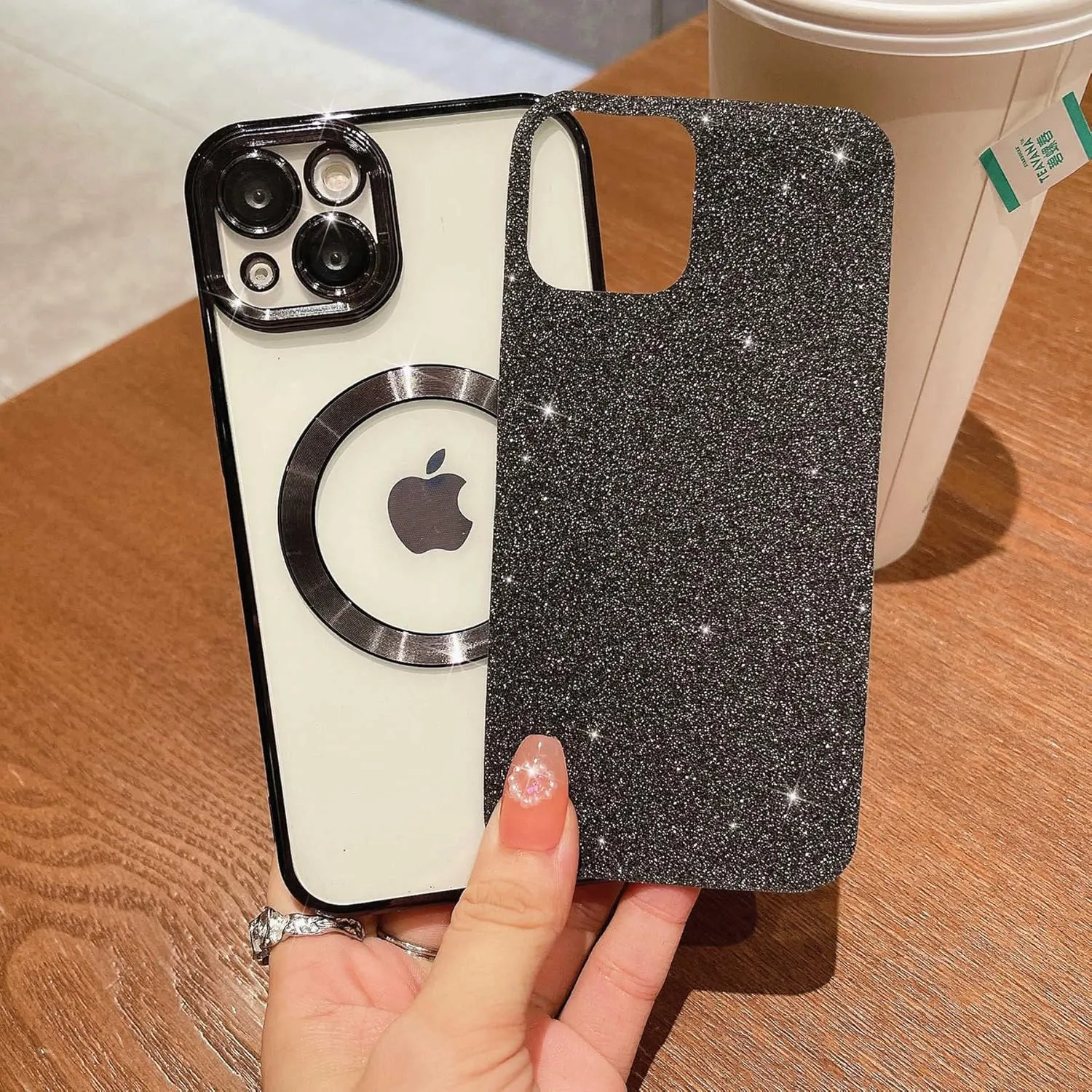 MGQILING Compatible with iPhone 13 Magnetic Glitter Case, Luxury Plating Cute Bling Clear Phone Case, Compatible with MagSafe for Women Girls with Camera Protector Back Cover - Black