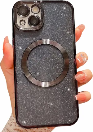 MGQILING Compatible with iPhone 13 Magnetic Glitter Case, Luxury Plating Cute Bling Clear Phone Case, Compatible with MagSafe for Women Girls with Camera Protector Back Cover - Black