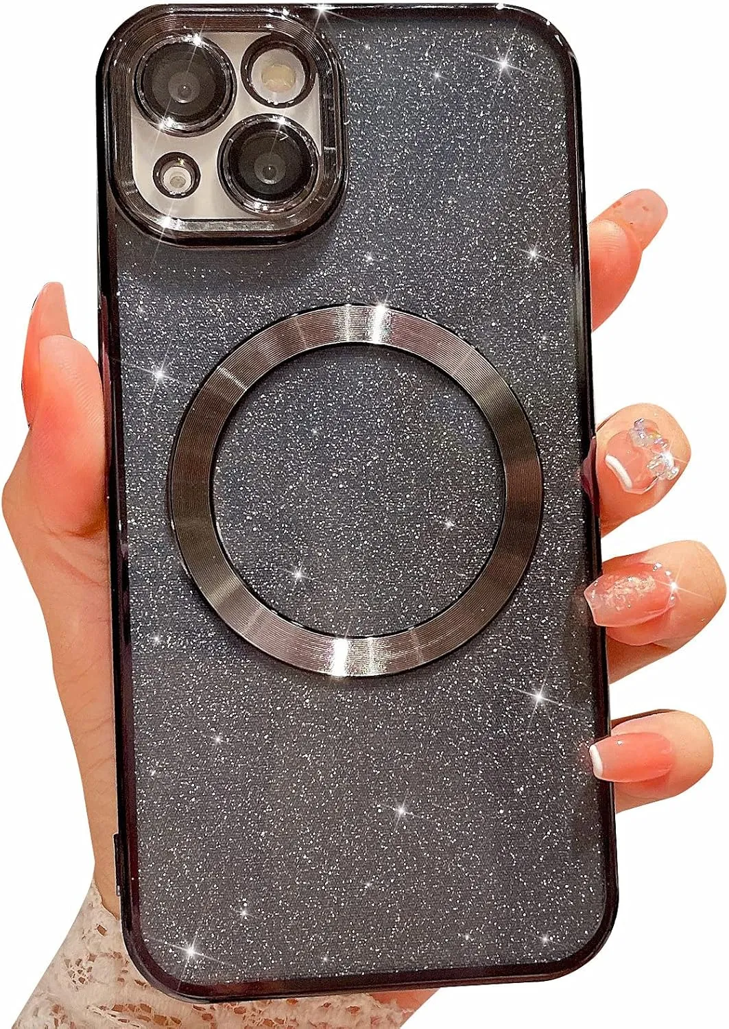 MGQILING Compatible with iPhone 13 Magnetic Glitter Case, Luxury Plating Cute Bling Clear Phone Case, Compatible with MagSafe for Women Girls with Camera Protector Back Cover - Black