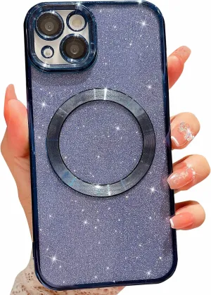 MGQILING Compatible with iPhone 13 Magnetic Glitter Case, Luxury Plating Cute Bling Clear Phone Case, Compatible with MagSafe for Women Girls with Camera Protector Back Cover - Blue