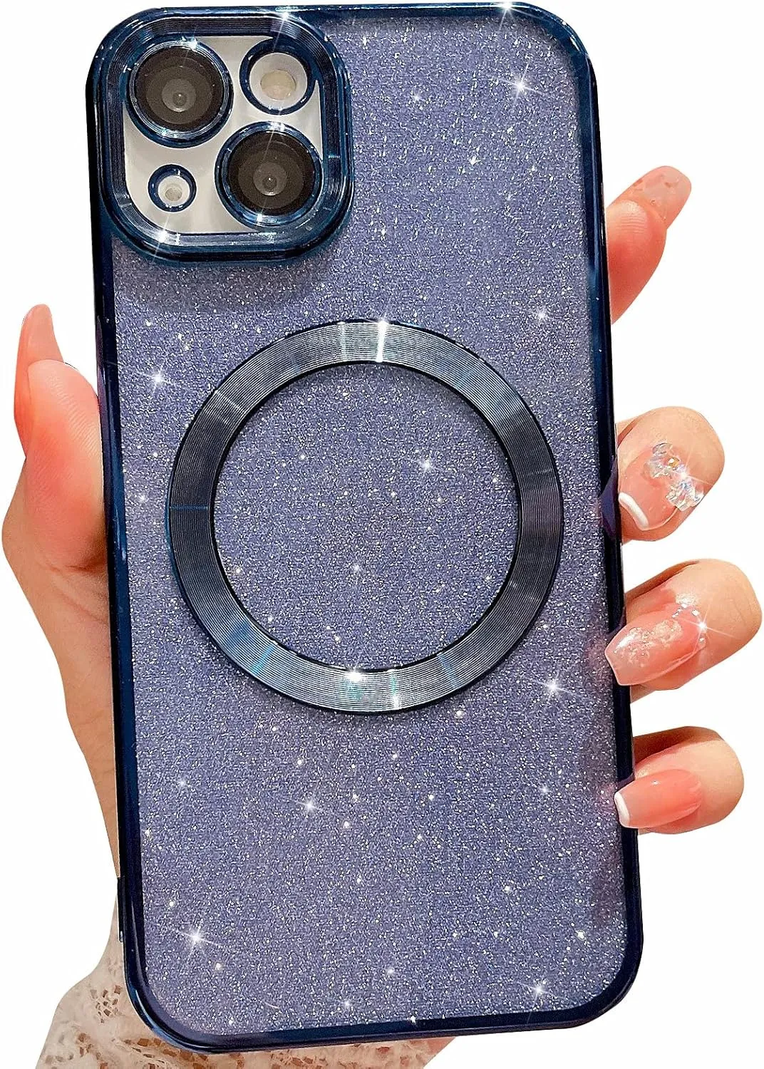 MGQILING Compatible with iPhone 13 Magnetic Glitter Case, Luxury Plating Cute Bling Clear Phone Case, Compatible with MagSafe for Women Girls with Camera Protector Back Cover - Blue