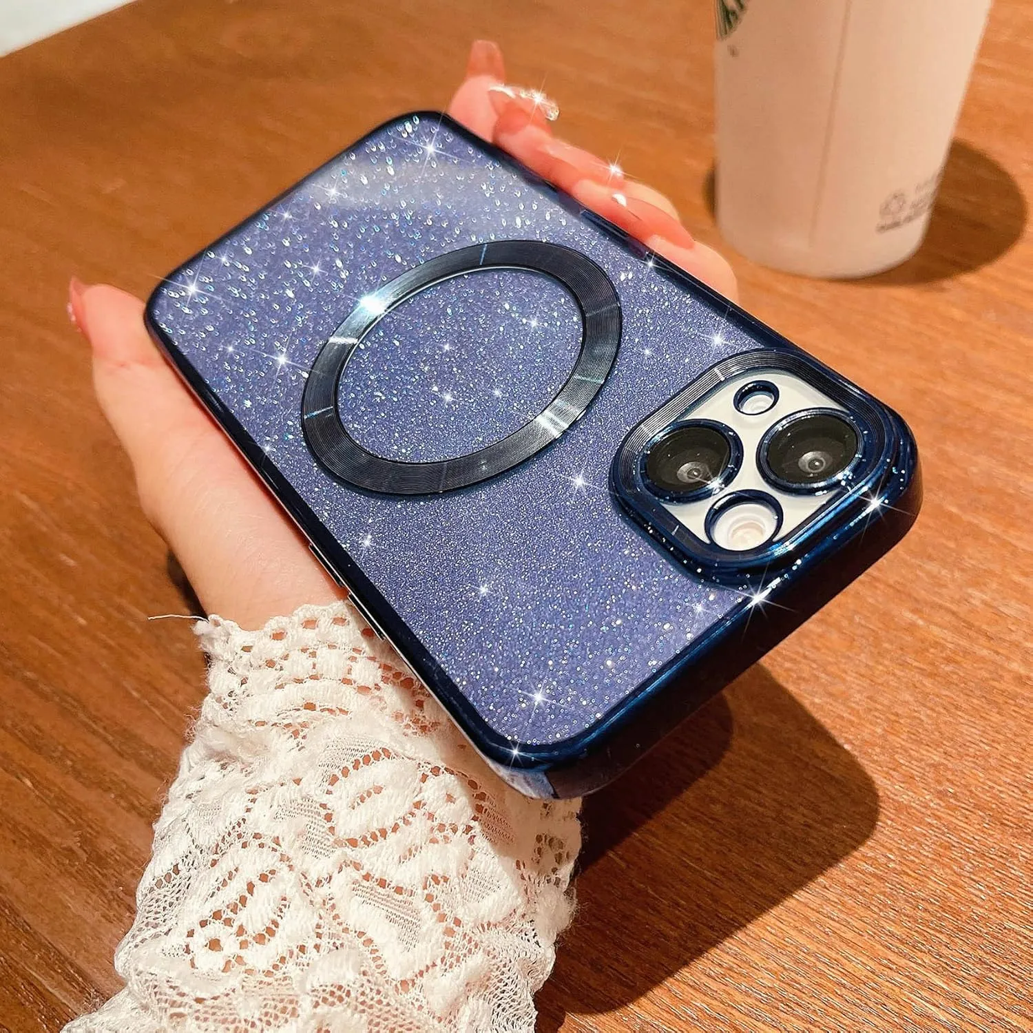 MGQILING Compatible with iPhone 13 Magnetic Glitter Case, Luxury Plating Cute Bling Clear Phone Case, Compatible with MagSafe for Women Girls with Camera Protector Back Cover - Blue