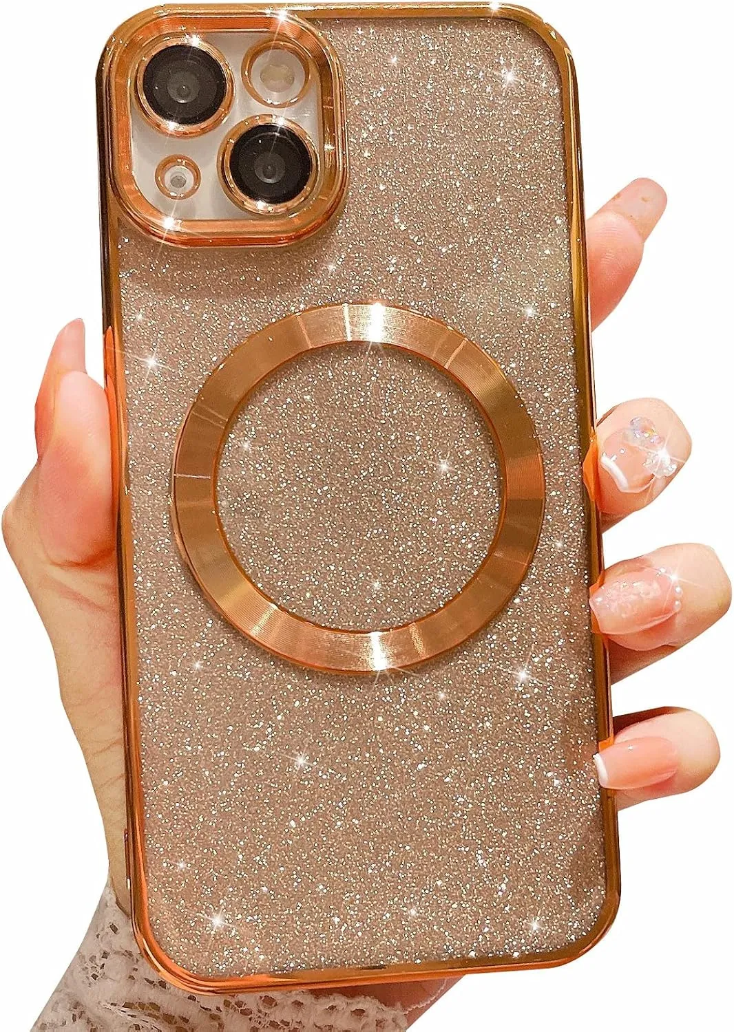 MGQILING Compatible with iPhone 13 Magnetic Glitter Case, Luxury Plating Cute Bling Clear Phone Case, Compatible with MagSafe for Women Girls with Camera Protector Back Cover - Gold