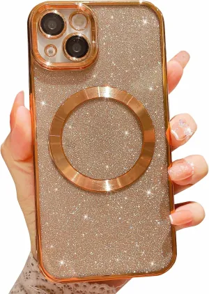 MGQILING Compatible with iPhone 13 Magnetic Glitter Case, Luxury Plating Cute Bling Clear Phone Case, Compatible with MagSafe for Women Girls with Camera Protector Back Cover - Gold