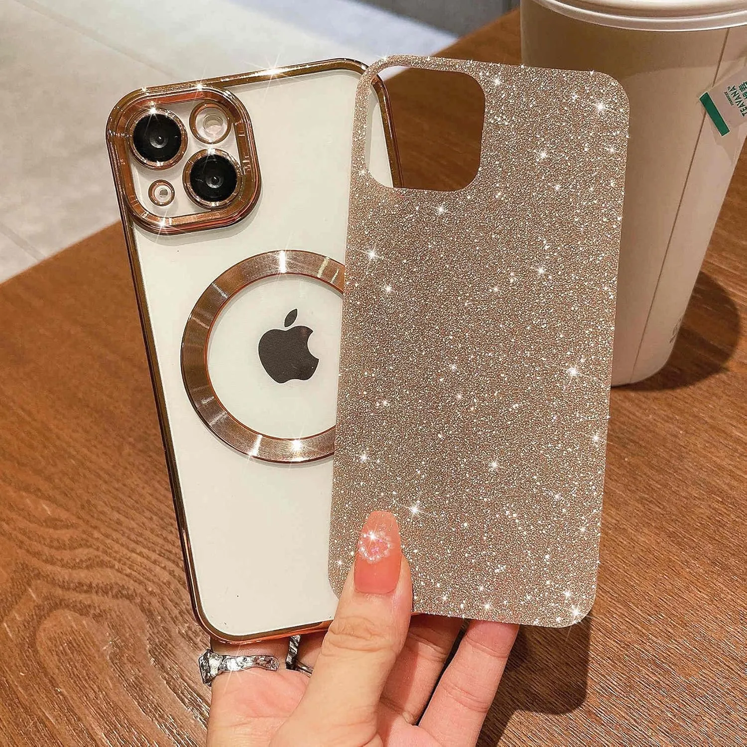 MGQILING Compatible with iPhone 13 Magnetic Glitter Case, Luxury Plating Cute Bling Clear Phone Case, Compatible with MagSafe for Women Girls with Camera Protector Back Cover - Gold