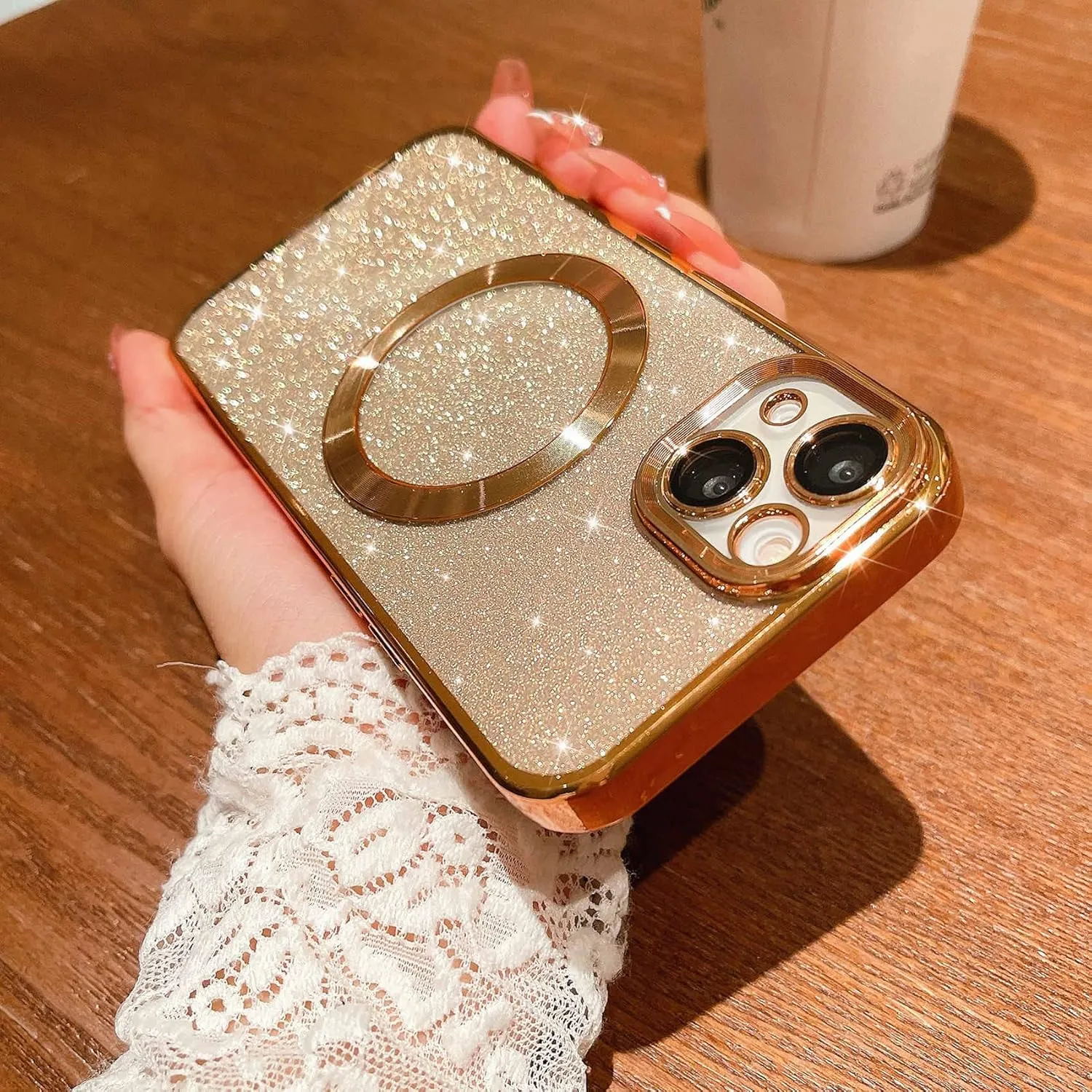 MGQILING Compatible with iPhone 13 Magnetic Glitter Case, Luxury Plating Cute Bling Clear Phone Case, Compatible with MagSafe for Women Girls with Camera Protector Back Cover - Gold