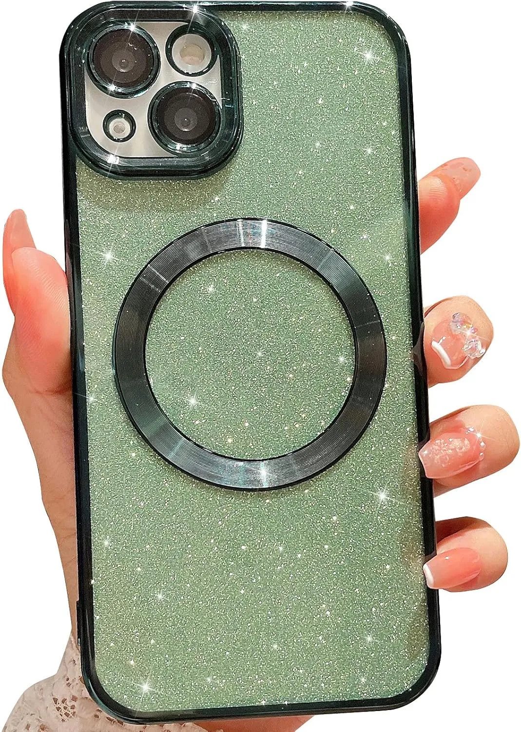 MGQILING Compatible with iPhone 13 Magnetic Glitter Case, Luxury Plating Cute Bling Clear Phone Case, Compatible with MagSafe for Women Girls with Camera Protector Back Cover - Green