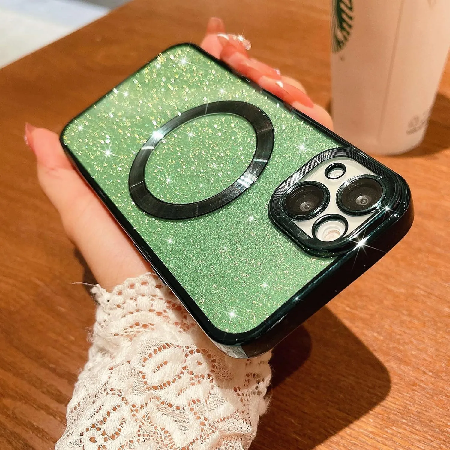 MGQILING Compatible with iPhone 13 Magnetic Glitter Case, Luxury Plating Cute Bling Clear Phone Case, Compatible with MagSafe for Women Girls with Camera Protector Back Cover - Green
