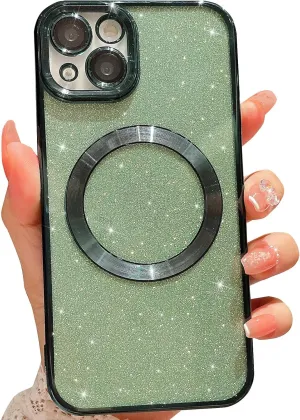 MGQILING Compatible with iPhone 13 Magnetic Glitter Case, Luxury Plating Cute Bling Clear Phone Case, Compatible with MagSafe for Women Girls with Camera Protector Back Cover - Green