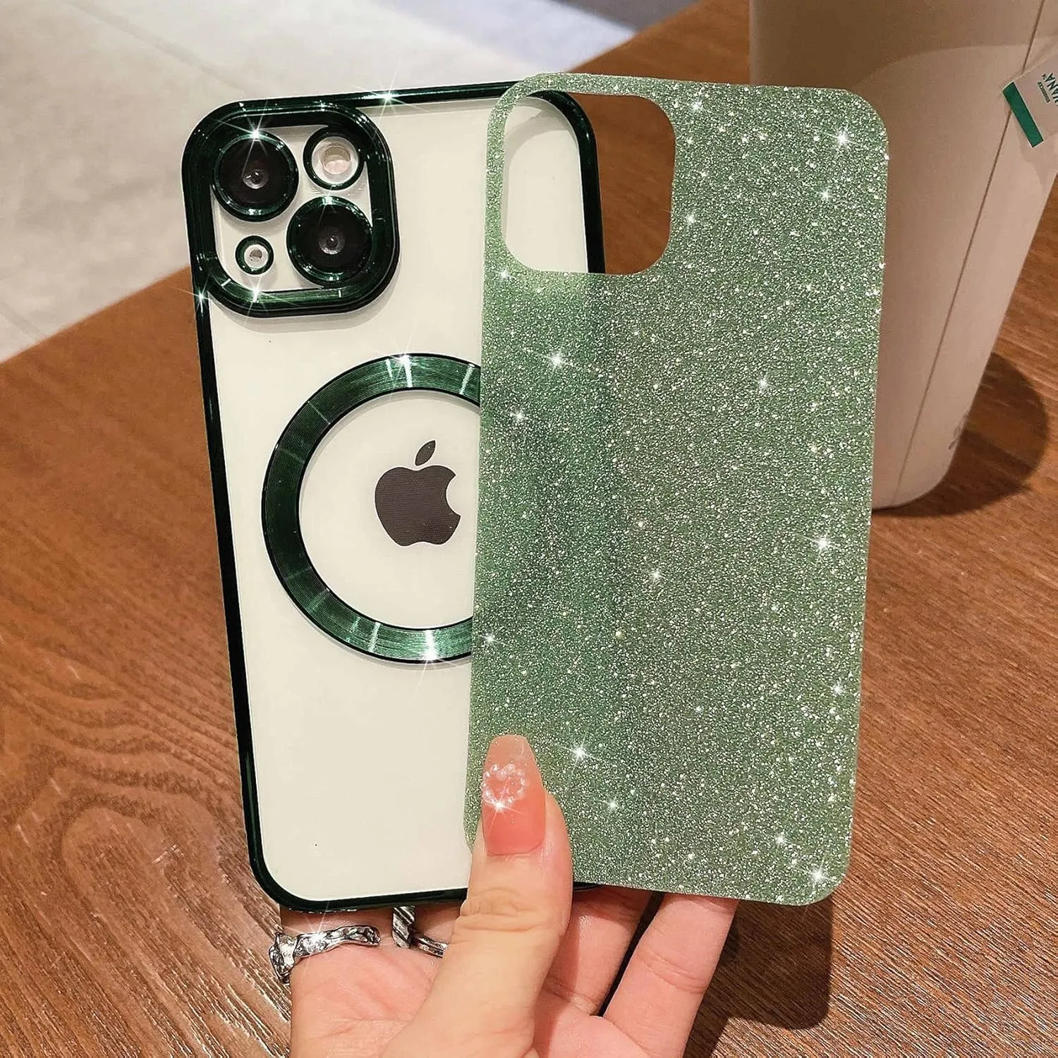 MGQILING Compatible with iPhone 13 Magnetic Glitter Case, Luxury Plating Cute Bling Clear Phone Case, Compatible with MagSafe for Women Girls with Camera Protector Back Cover - Green
