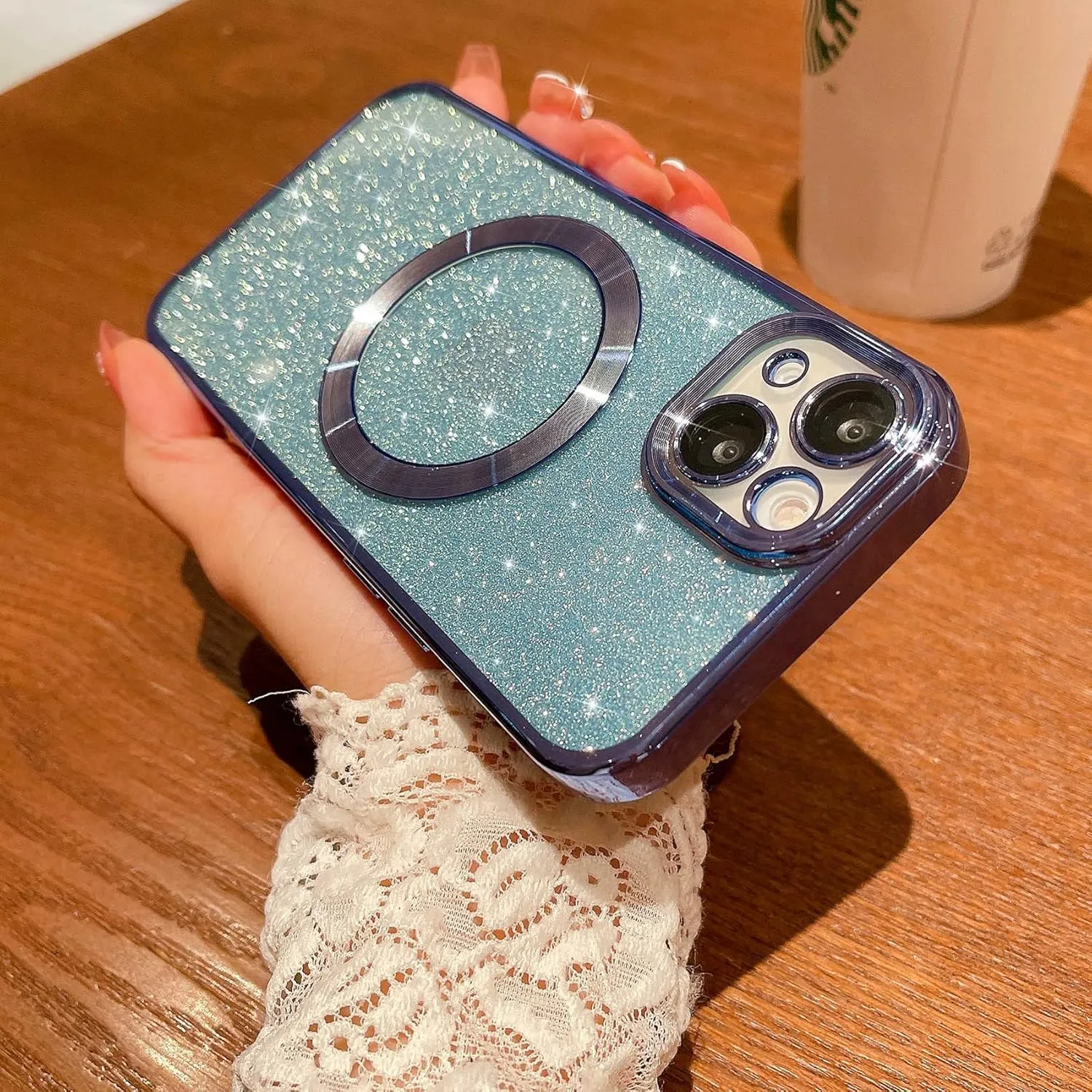 MGQILING Compatible with iPhone 13 Magnetic Glitter Case, Luxury Plating Cute Bling Clear Phone Case, Compatible with MagSafe for Women Girls with Camera Protector Back Cover - Light Blue