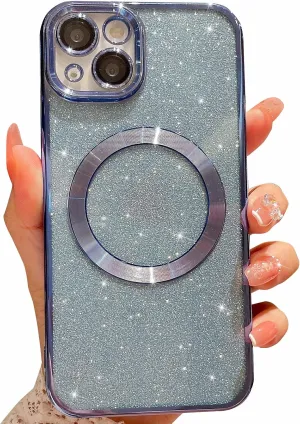 MGQILING Compatible with iPhone 13 Magnetic Glitter Case, Luxury Plating Cute Bling Clear Phone Case, Compatible with MagSafe for Women Girls with Camera Protector Back Cover - Light Blue
