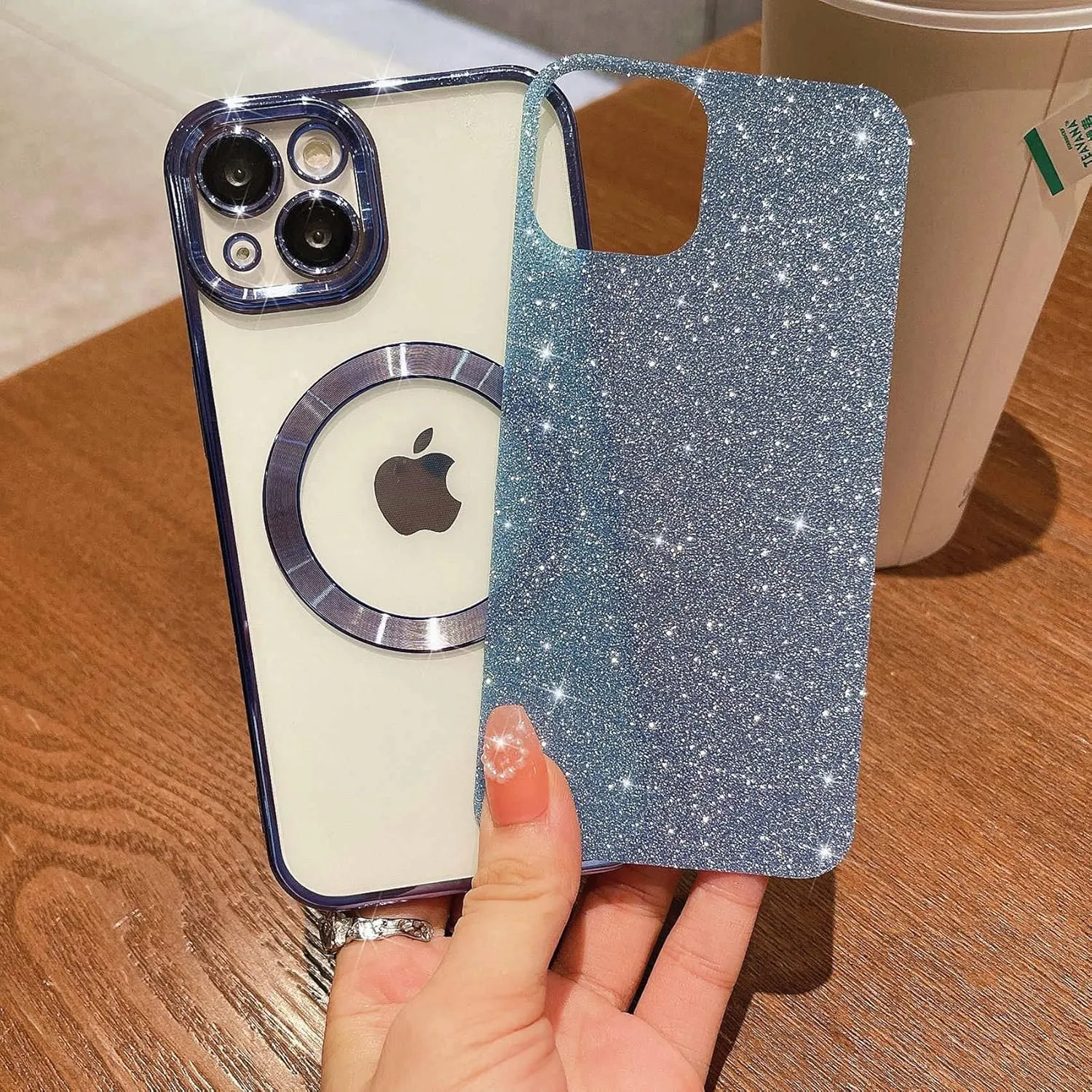MGQILING Compatible with iPhone 13 Magnetic Glitter Case, Luxury Plating Cute Bling Clear Phone Case, Compatible with MagSafe for Women Girls with Camera Protector Back Cover - Light Blue