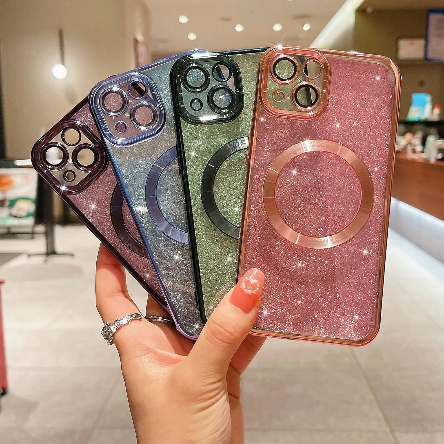 MGQILING Compatible with iPhone 13 Magnetic Glitter Case, Luxury Plating Cute Bling Clear Phone Case, Compatible with MagSafe for Women Girls with Camera Protector Back Cover - Pink