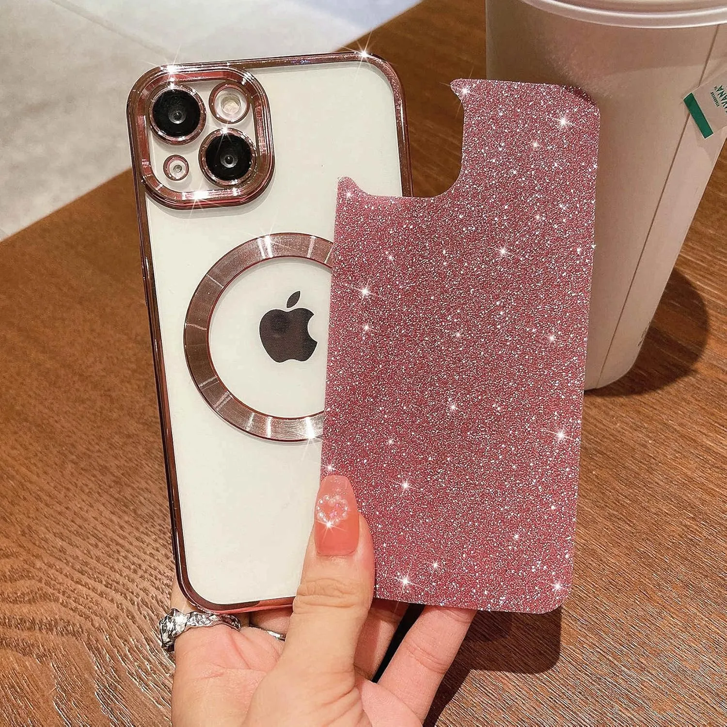 MGQILING Compatible with iPhone 13 Magnetic Glitter Case, Luxury Plating Cute Bling Clear Phone Case, Compatible with MagSafe for Women Girls with Camera Protector Back Cover - Pink