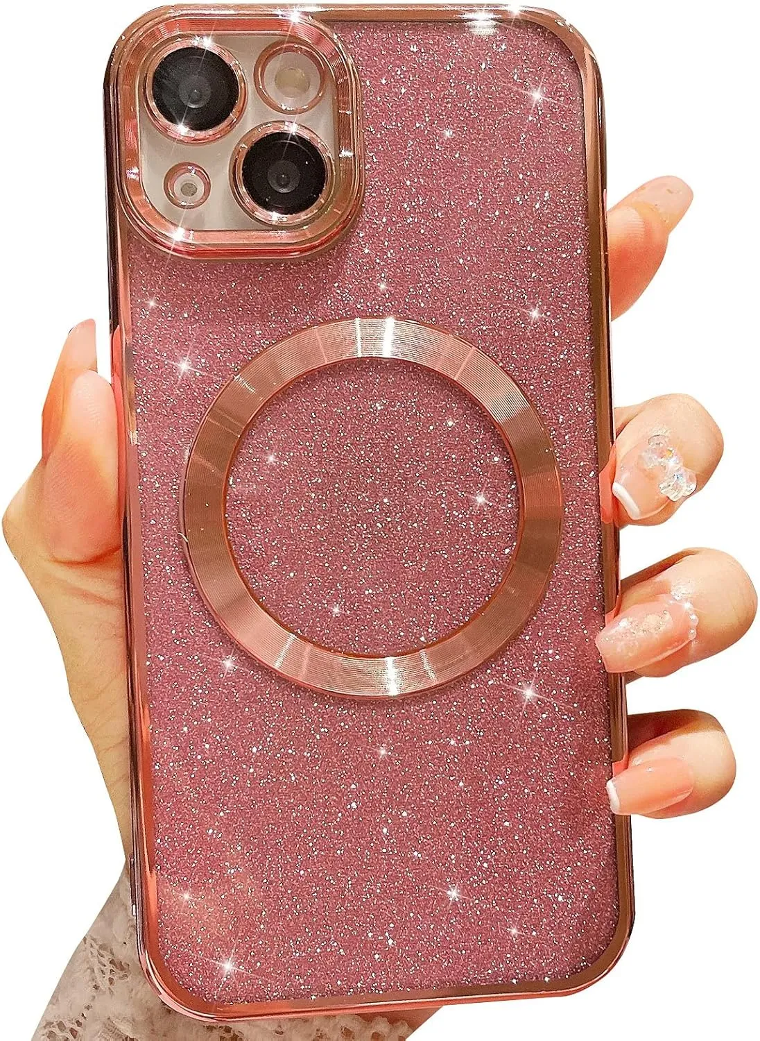 MGQILING Compatible with iPhone 13 Magnetic Glitter Case, Luxury Plating Cute Bling Clear Phone Case, Compatible with MagSafe for Women Girls with Camera Protector Back Cover - Pink
