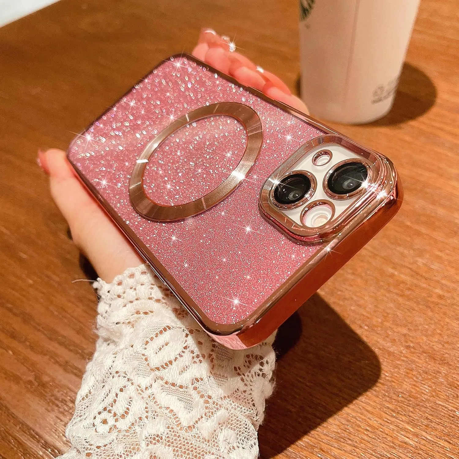MGQILING Compatible with iPhone 13 Magnetic Glitter Case, Luxury Plating Cute Bling Clear Phone Case, Compatible with MagSafe for Women Girls with Camera Protector Back Cover - Pink
