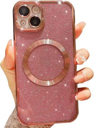 MGQILING Compatible with iPhone 13 Magnetic Glitter Case, Luxury Plating Cute Bling Clear Phone Case, Compatible with MagSafe for Women Girls with Camera Protector Back Cover - Pink