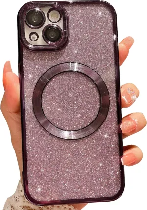 MGQILING Compatible with iPhone 13 Magnetic Glitter Case, Luxury Plating Cute Bling Clear Phone Case, Compatible with MagSafe for Women Girls with Camera Protector Back Cover - Purple