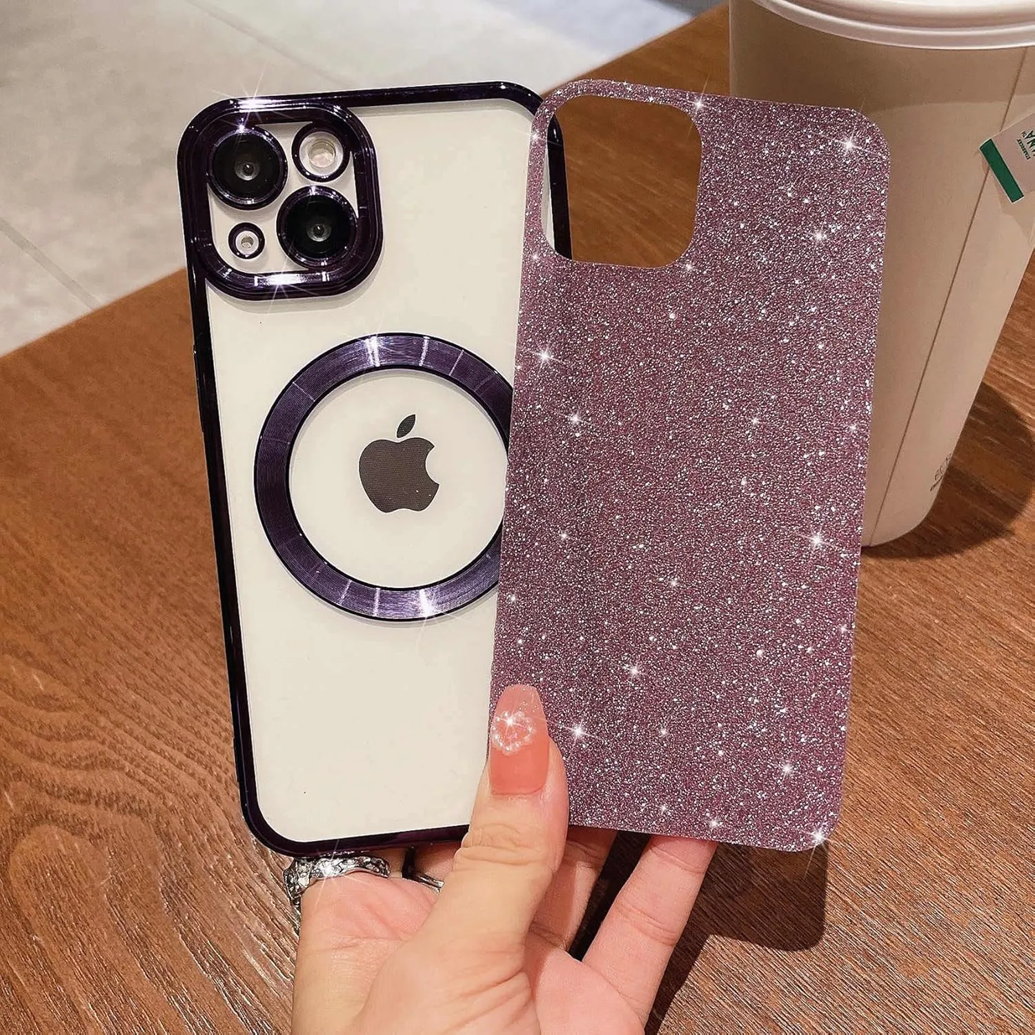 MGQILING Compatible with iPhone 13 Magnetic Glitter Case, Luxury Plating Cute Bling Clear Phone Case, Compatible with MagSafe for Women Girls with Camera Protector Back Cover - Purple