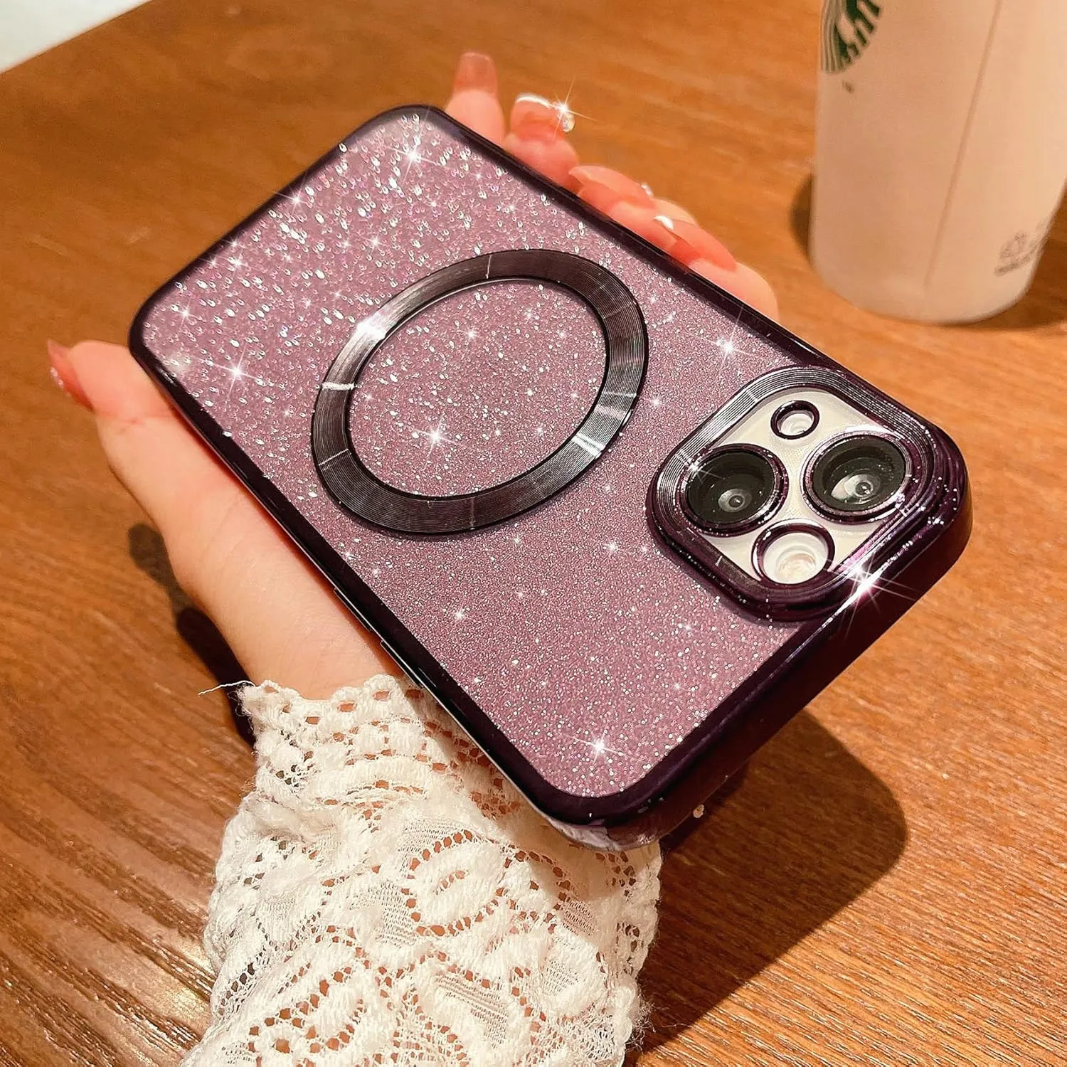 MGQILING Compatible with iPhone 13 Magnetic Glitter Case, Luxury Plating Cute Bling Clear Phone Case, Compatible with MagSafe for Women Girls with Camera Protector Back Cover - Purple