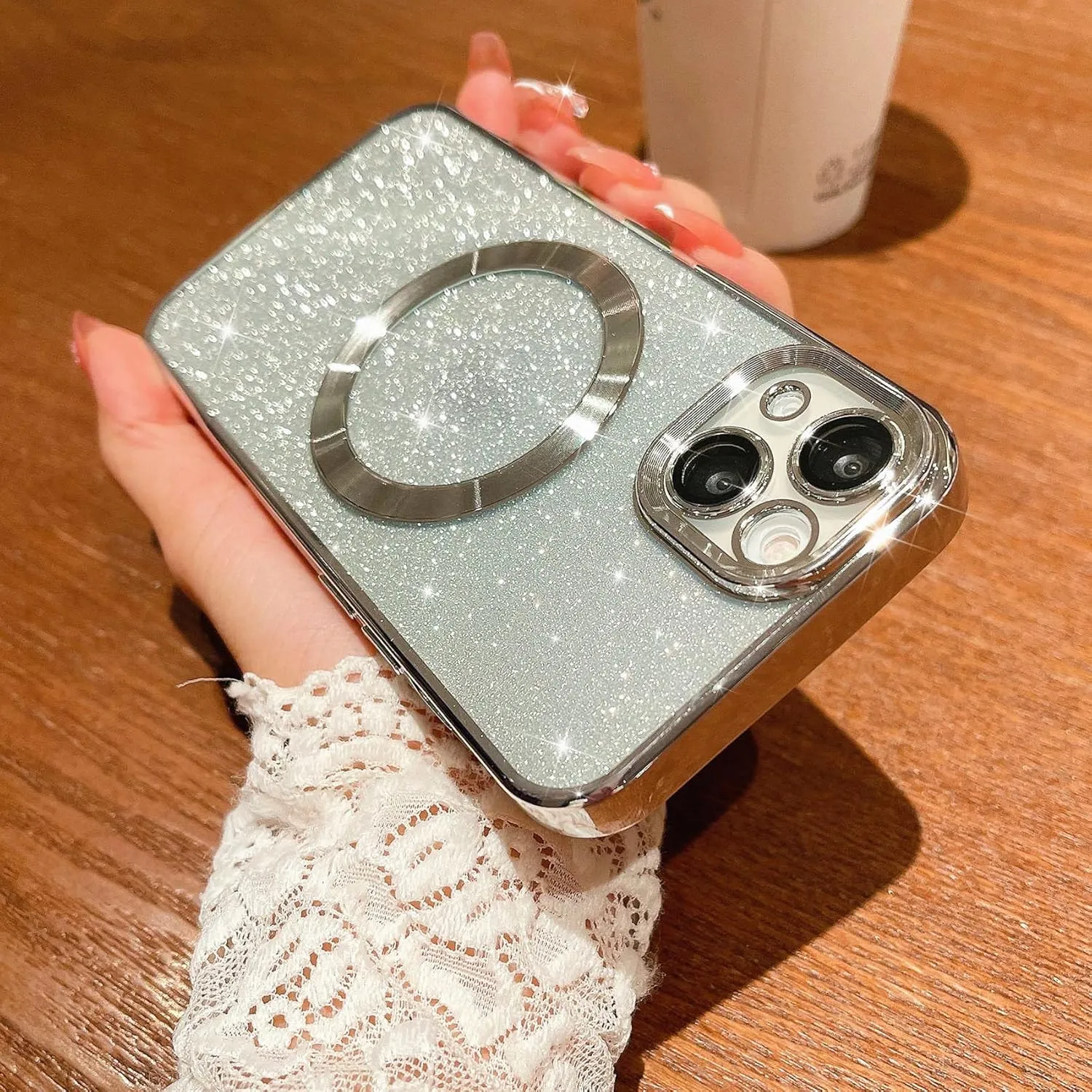 MGQILING Compatible with iPhone 13 Magnetic Glitter Case, Luxury Plating Cute Bling Clear Phone Case, Compatible with MagSafe for Women Girls with Camera Protector Back Cover - Silver