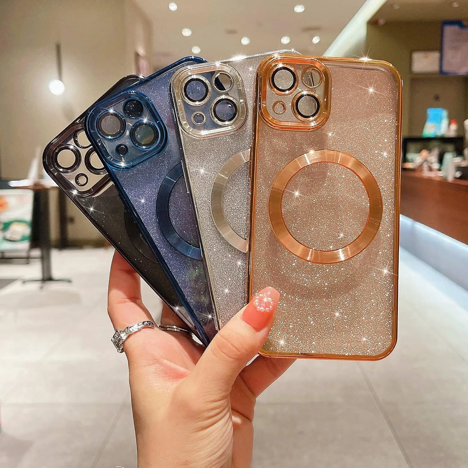 MGQILING Compatible with iPhone 13 Magnetic Glitter Case, Luxury Plating Cute Bling Clear Phone Case, Compatible with MagSafe for Women Girls with Camera Protector Back Cover - Silver