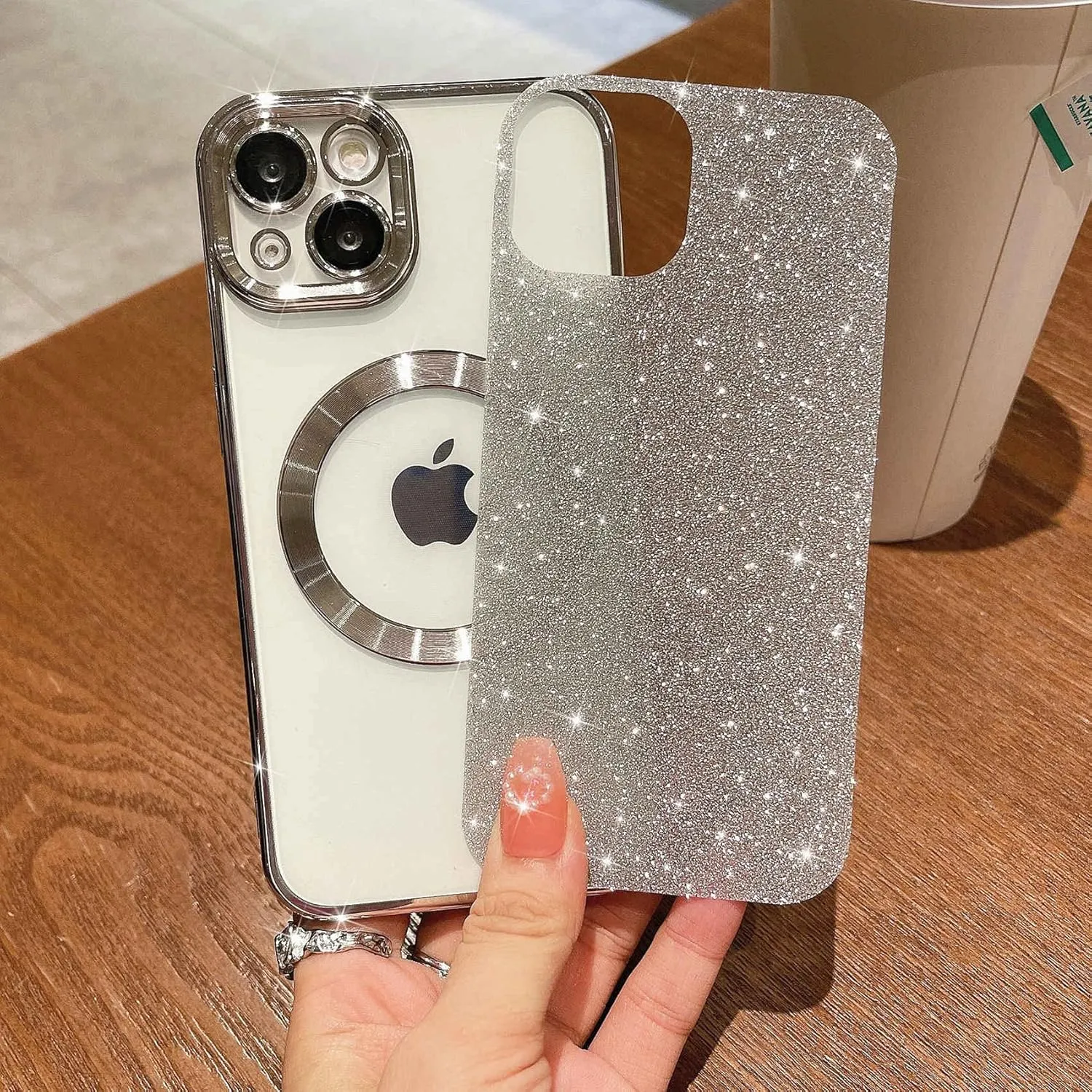MGQILING Compatible with iPhone 13 Magnetic Glitter Case, Luxury Plating Cute Bling Clear Phone Case, Compatible with MagSafe for Women Girls with Camera Protector Back Cover - Silver