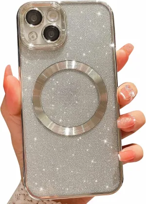 MGQILING Compatible with iPhone 13 Magnetic Glitter Case, Luxury Plating Cute Bling Clear Phone Case, Compatible with MagSafe for Women Girls with Camera Protector Back Cover - Silver