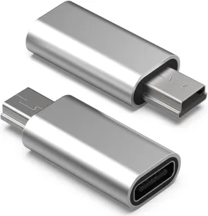 Mini USB 2.0 to USB C Adapter (2-Pack), USB Type C Female to Mini USB Male Converter Connector Support Charging Data Sync for Digital Camera, GPS, Dash Cam, MP3 Player and More (Silver)
