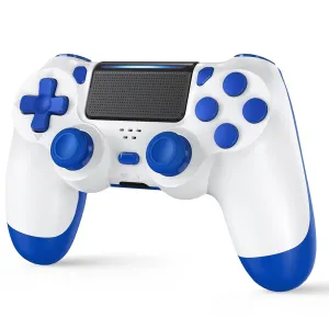 MOOGOLE Wireless Controller Compatible with PS4, with Vibration Feedback/Motion Sensing/Touchpad/Light Bar/Speaker/3.5mm Headphone Jack/Share (White Blue)