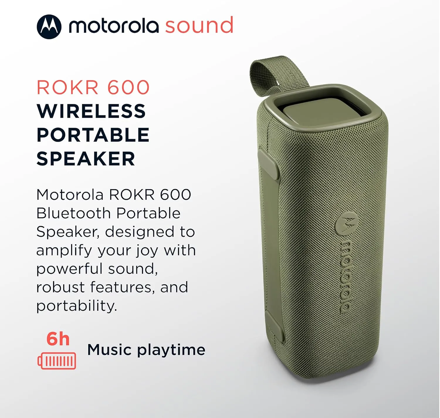 Motorola Sound ROKR 600 Portable Bluetooth Speaker, 6-Hour Playtime, IP67 Water Resistant, Speaker for Home/Outdoors, Compatible with iPhone, Green