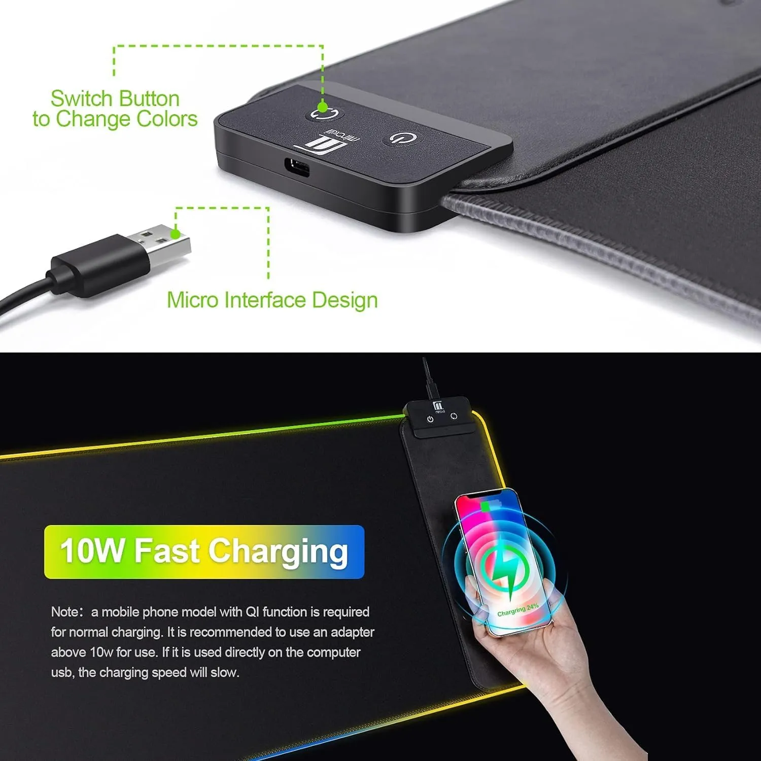 Mouse Pad with Wireless Charging, Large Desk Mat RGB Gaming Mousepad, 10 Light Colors LED Desk Pad Keyboard Pad with Ultra-Smooth Surface & Non-Slip Rubber Base, Waterproof Full Desk Mouse Pad