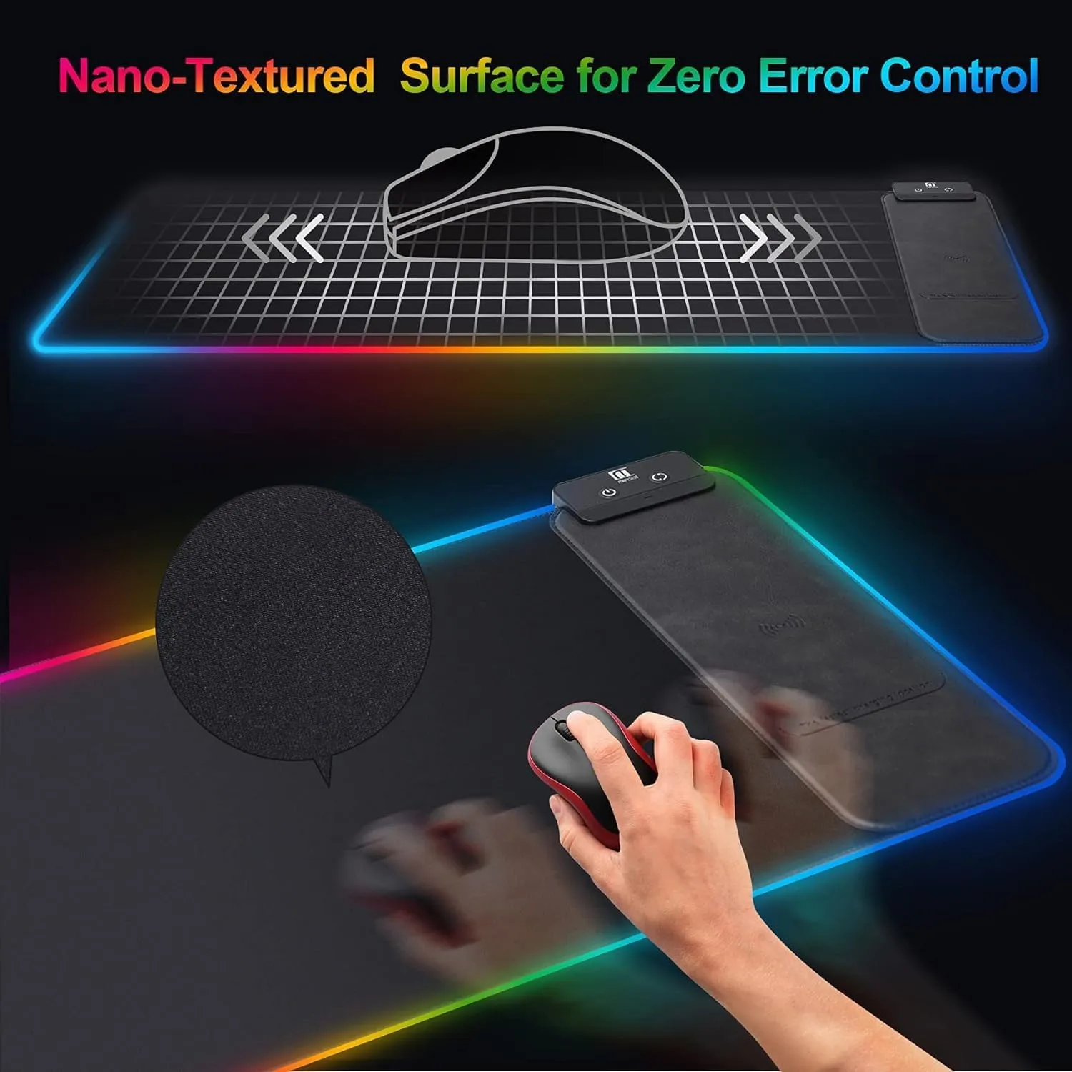 Mouse Pad with Wireless Charging, Large Desk Mat RGB Gaming Mousepad, 10 Light Colors LED Desk Pad Keyboard Pad with Ultra-Smooth Surface & Non-Slip Rubber Base, Waterproof Full Desk Mouse Pad