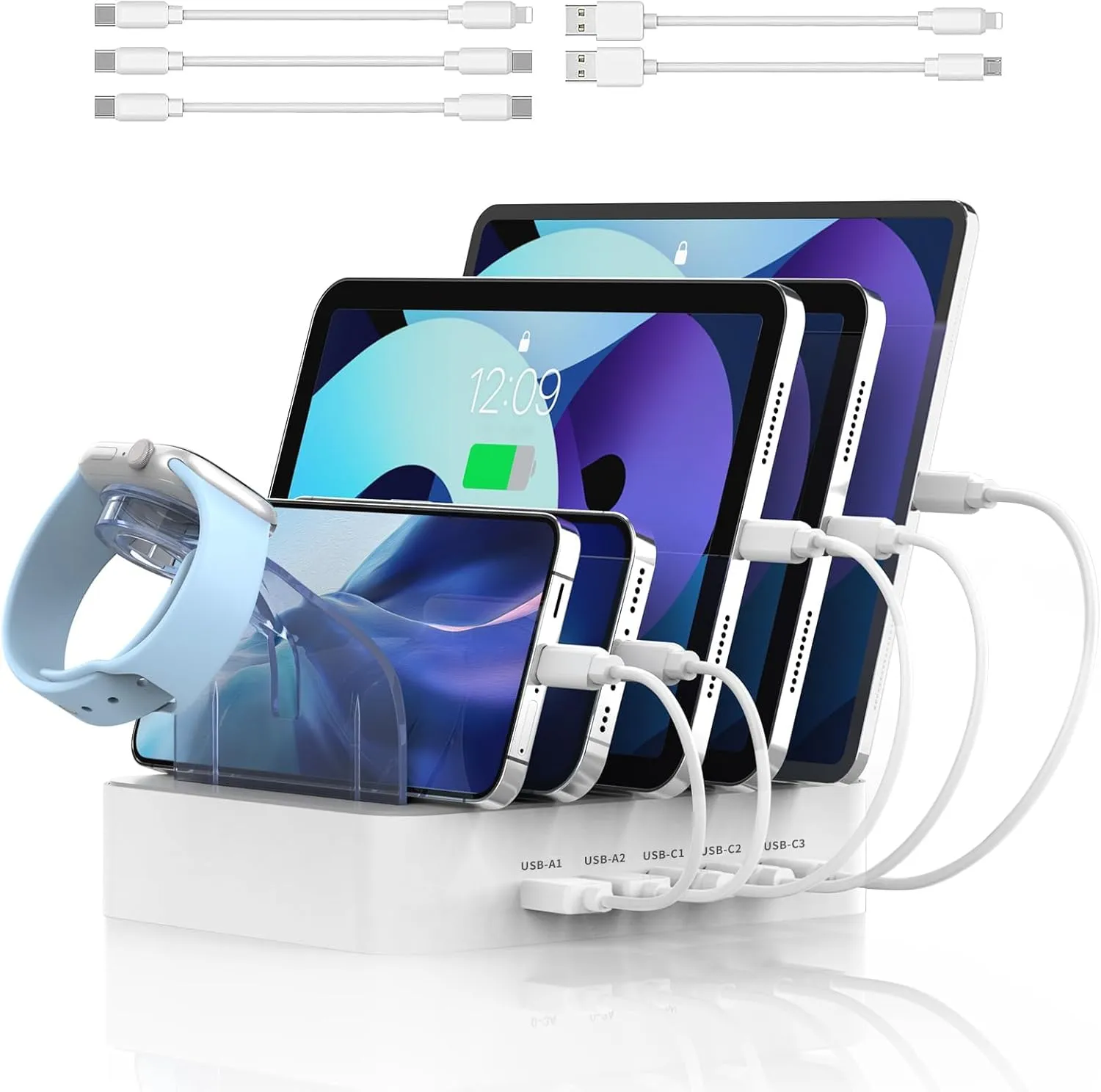 MSTJRY USB C Charging Station for Multiple Devices : 90W 5 Ports Multi Fast Charger for iPhone iPad Tablets Phone Airpods - Charging Dock Organizer with Adjustable Dividers for Home Office Classroom