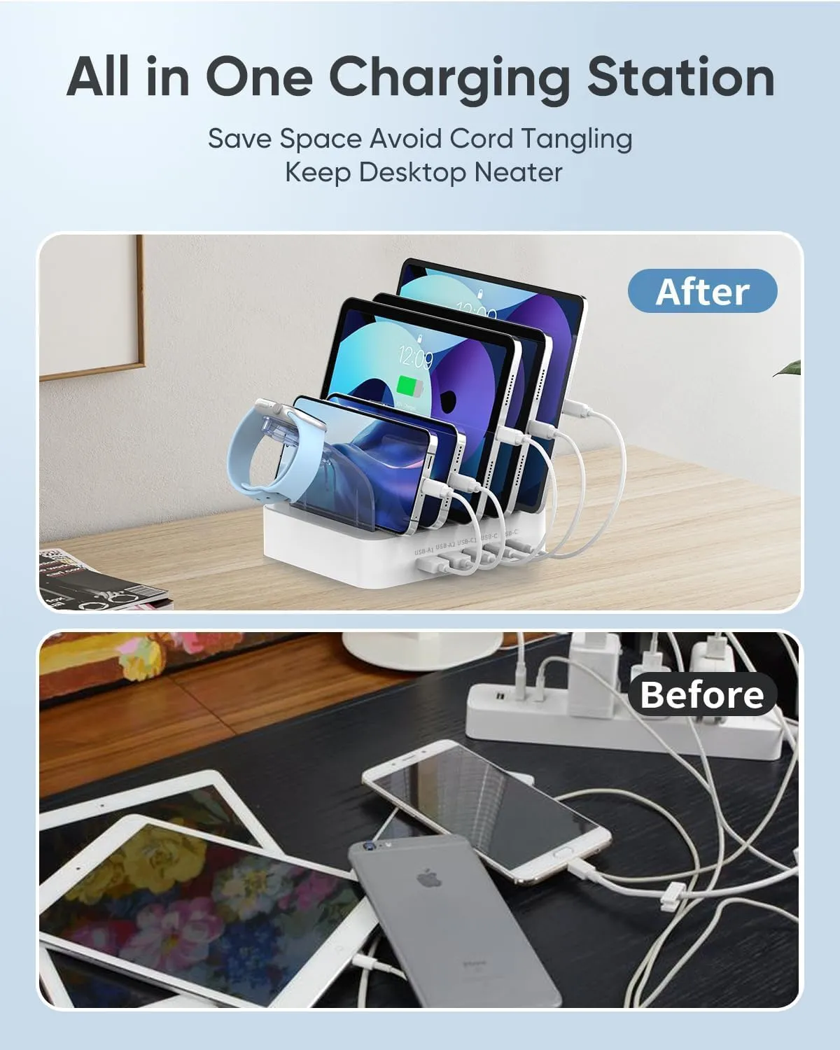 MSTJRY USB C Charging Station for Multiple Devices : 90W 5 Ports Multi Fast Charger for iPhone iPad Tablets Phone Airpods - Charging Dock Organizer with Adjustable Dividers for Home Office Classroom
